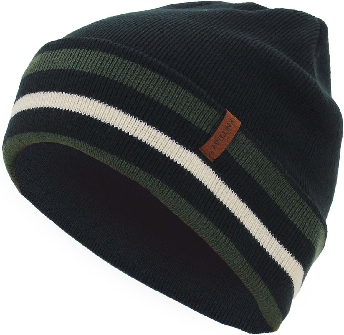 251106073444011_1 KNITDAY Men's Black Cuffed Running Golf Beanie Winter Hat for Men, Knitted Stripes Headband Pattern Cuff Beenie Skull Cap - Image 1